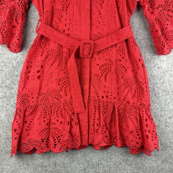 Farm Rio Red Eyelet Lace Palm Tree Belted Mini Dress Womens M Button Pockets - Picture 3 of 16